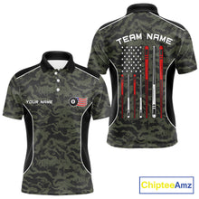 Load image into Gallery viewer, Men’s forest camo 8 ball pool polo shirt with patriotic American flag billiard graphics.