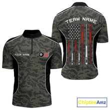 Load image into Gallery viewer, Men’s forest camo 8 ball billiard quarter zip shirt for league matches and tournaments.