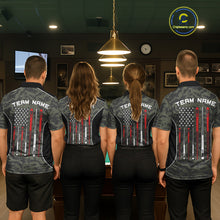 Load image into Gallery viewer, Pool team wearing matching forest camo billiard jerseys during tournament play front view.
