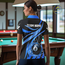 Load image into Gallery viewer, Back view of woman wearing a blue flame pool team shirt in a billiards hall.