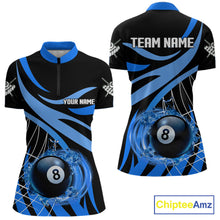 Load image into Gallery viewer, Women’s blue flame 8 ball billiard quarter zip shirt for tournaments and team matches.