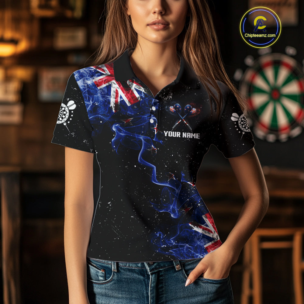 Customized Grunge New Zealand Flag Smoke Darts Polo & 1/4 Zip, Patriotic Darts Jerseys For Women TDM4289