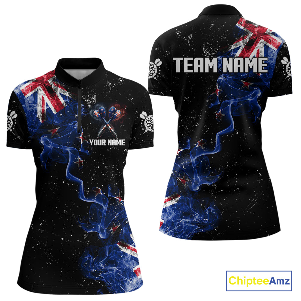 Customized Grunge New Zealand Flag Smoke Darts Polo & 1/4 Zip, Patriotic Darts Jerseys For Women TDM4289
