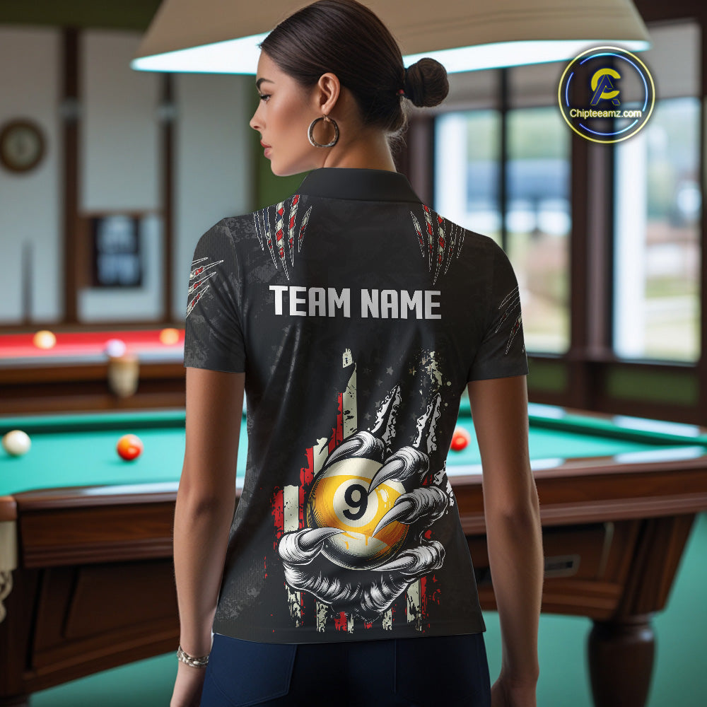 Funny Claw Tearing US Flag 9 Ball Pool Custom Billiard Shirts For Women, Patriotic Billiard Jerseys TDM4473