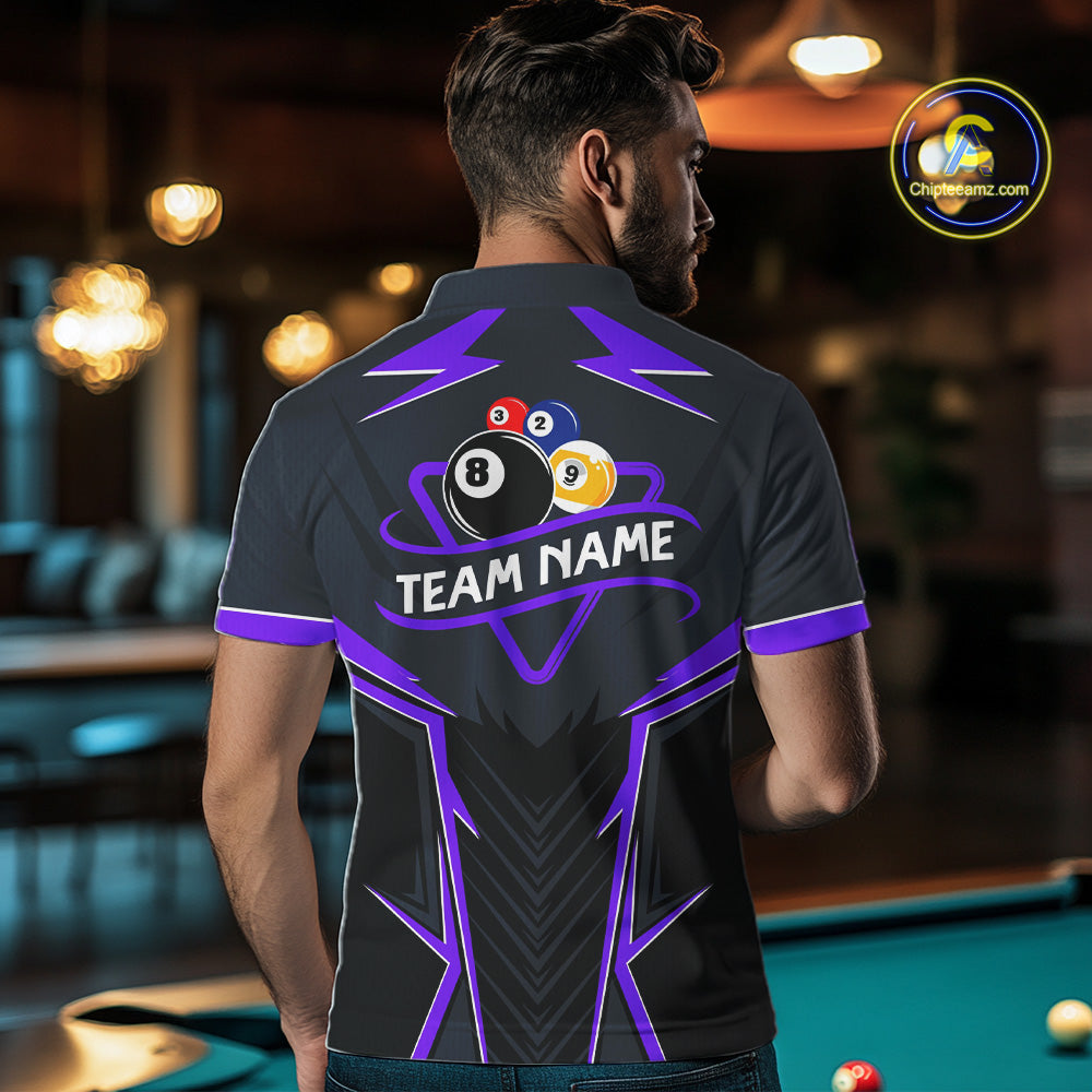 Billiard Jersey For Men Custom Polo & 1/4 Zip Billiard Team Shirt, 8 Ball 9 Ball Pool Shirt|Purple TDM7741