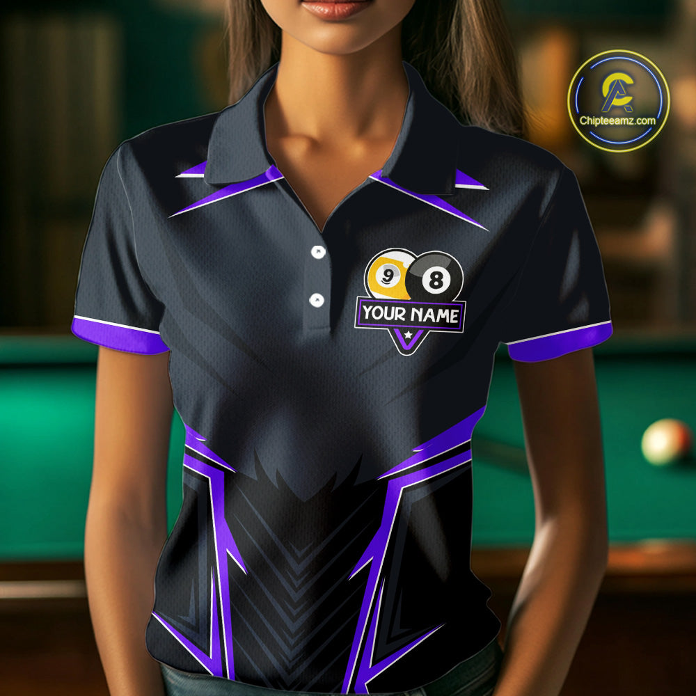 Billiard Jersey For Women Custom Polo & 1/4 Zip Billiard Team Shirt, 8 Ball 9 Ball Pool Shirt|Purple TDM7741