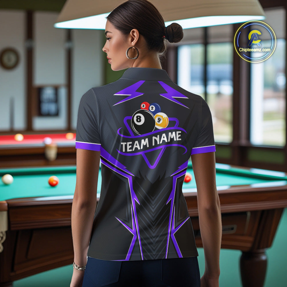 Billiard Jersey For Women Custom Polo & 1/4 Zip Billiard Team Shirt, 8 Ball 9 Ball Pool Shirt|Purple TDM7741