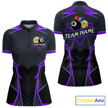 Billiard Jersey For Women Custom Polo & 1/4 Zip Billiard Team Shirt, 8 Ball 9 Ball Pool Shirt|Purple TDM7741