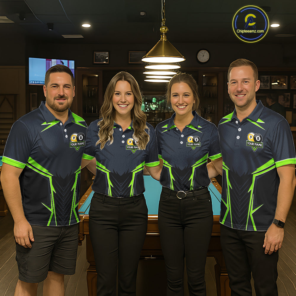 Billiard Jersey For Men Custom Polo & 1/4 Zip Billiard Team Shirt, 8 Ball 9 Ball Pool Shirt|Green TDM7742
