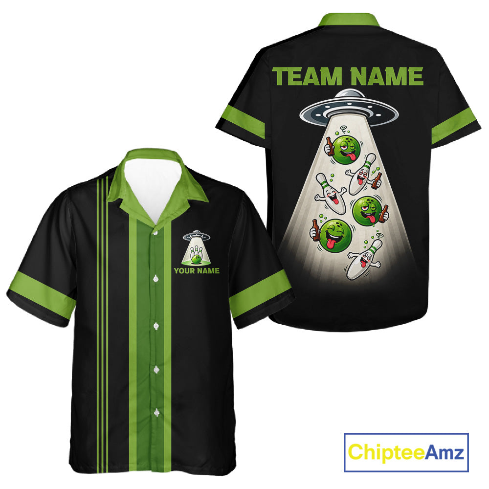Black And Green Funny Drunk Alien Retro Bowling Hawaiian Shirt, Custom Bowling Team Button Up Shirt TDM7750