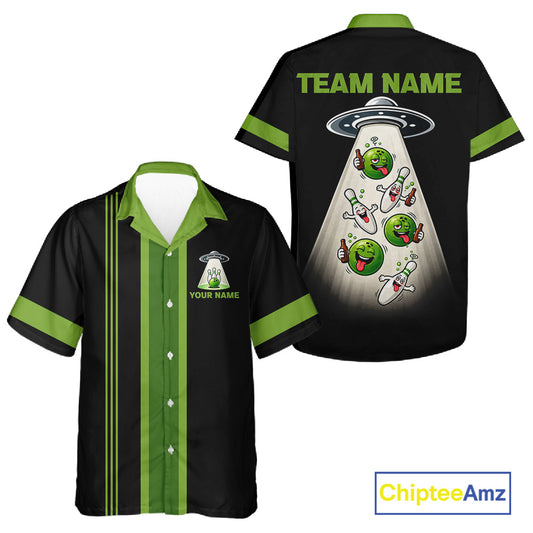 Black And Green Funny Drunk Alien Retro Bowling Hawaiian Shirt, Custom Bowling Team Button Up Shirt TDM7750