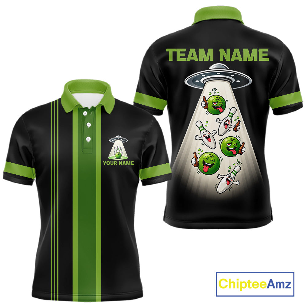 Black And Green Funny Drunk Alien Bowling Shirts For Men Custom Retro Bowling Team Jersey TDM7750