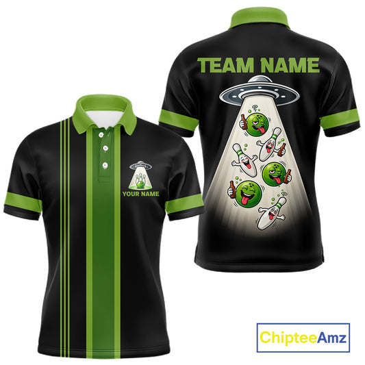 Black And Green Funny Drunk Alien Bowling Shirts For Men Custom Retro Bowling Team Jersey TDM7750