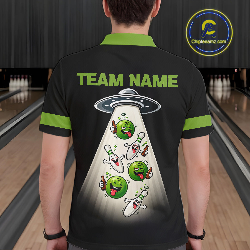Black And Green Funny Drunk Alien Bowling Shirts For Men Custom Retro Bowling Team Jersey TDM7750