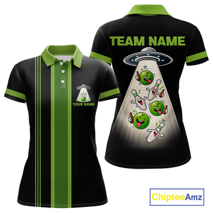 Black And Green Funny Drunk Alien Bowling Shirts For Women Custom Retro Bowling Team Jersey TDM7750