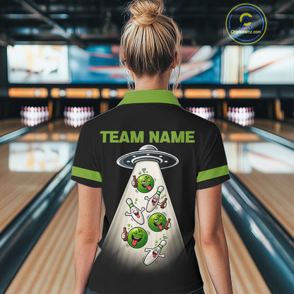 Black And Green Funny Drunk Alien Bowling Shirts For Women Custom Retro Bowling Team Jersey TDM7750