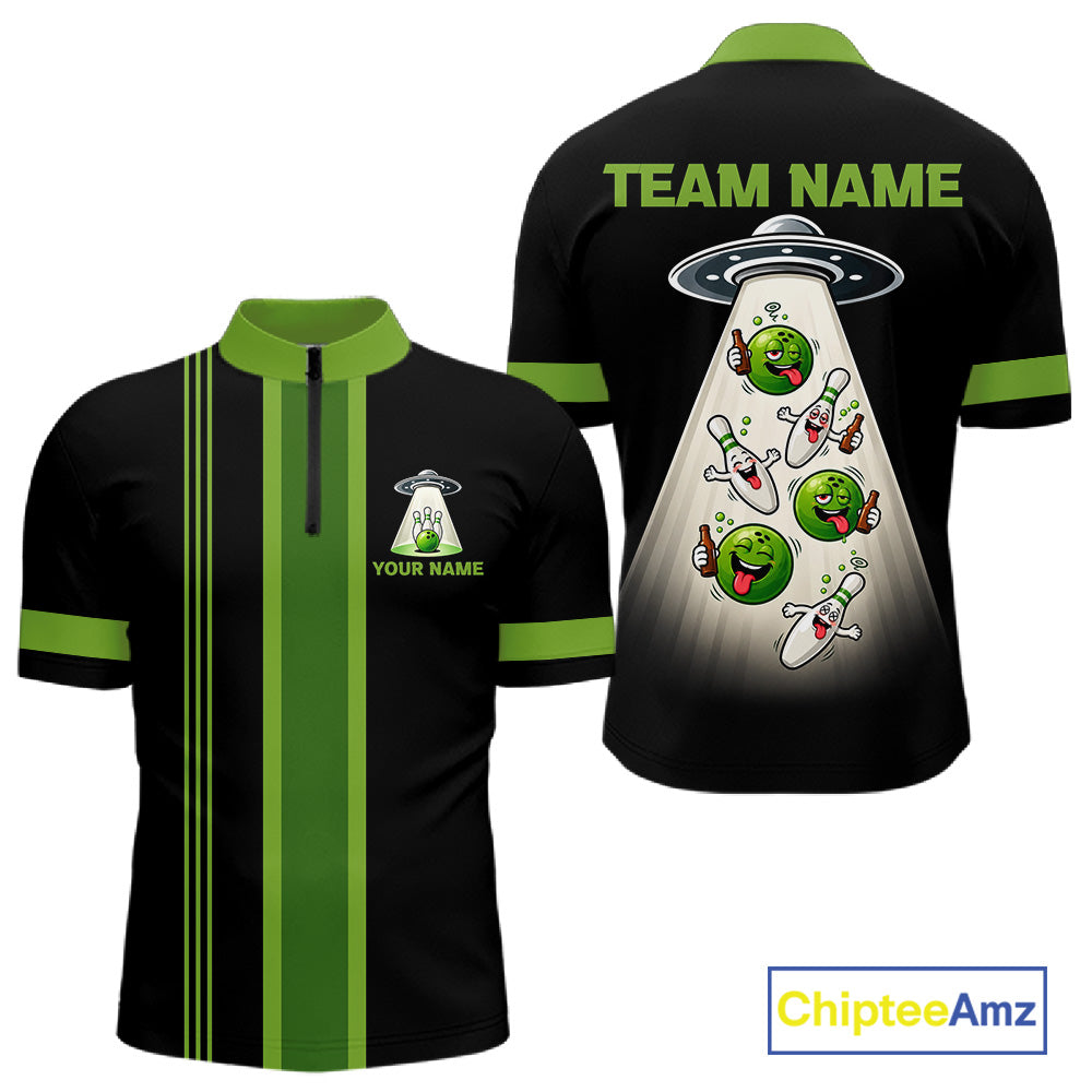 Black And Green Funny Drunk Alien Bowling Shirts For Men Custom Retro Bowling Team Jersey TDM7750