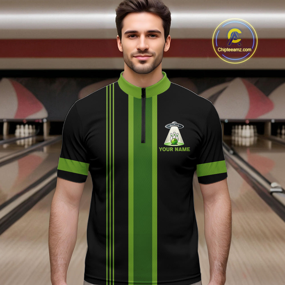 Black And Green Funny Drunk Alien Bowling Shirts For Men Custom Retro Bowling Team Jersey TDM7750