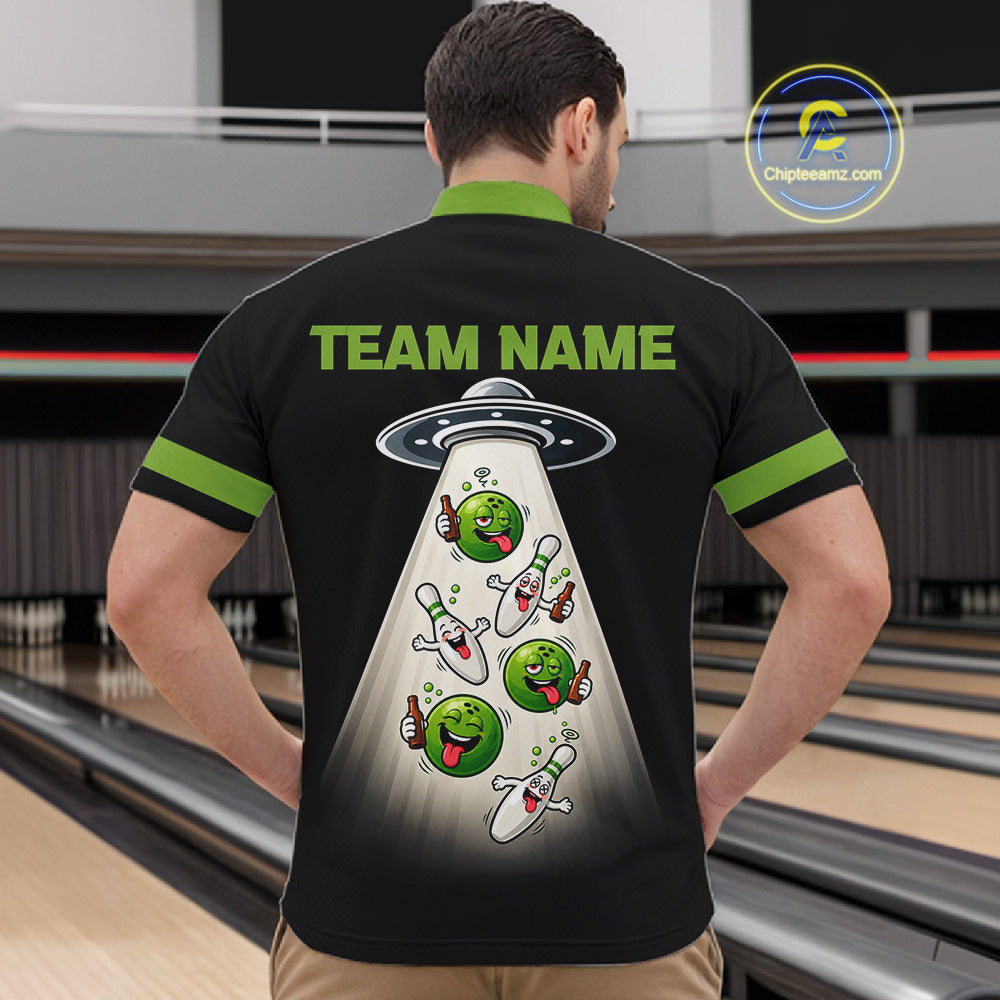Black And Green Funny Drunk Alien Bowling Shirts For Men Custom Retro Bowling Team Jersey TDM7750