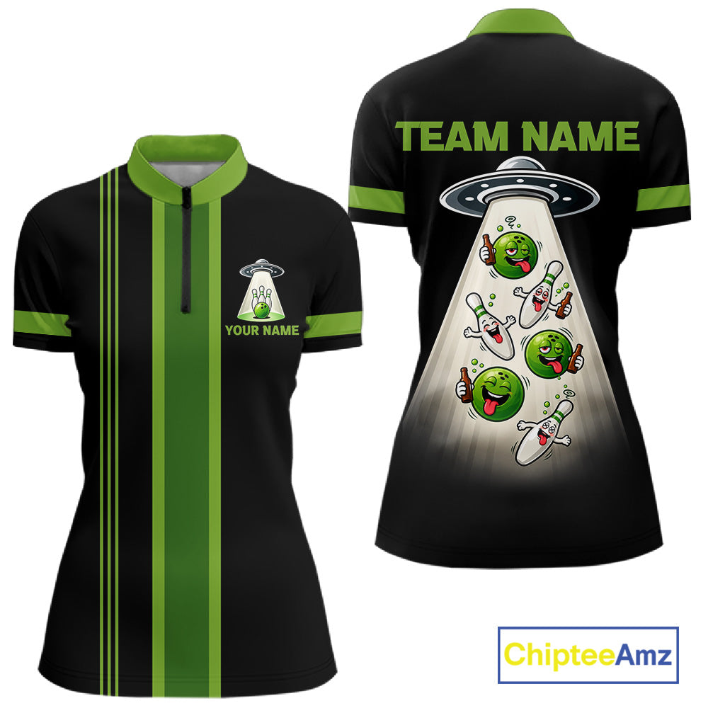 Black And Green Funny Drunk Alien Bowling Shirts For Women Custom Retro Bowling Team Jersey TDM7750
