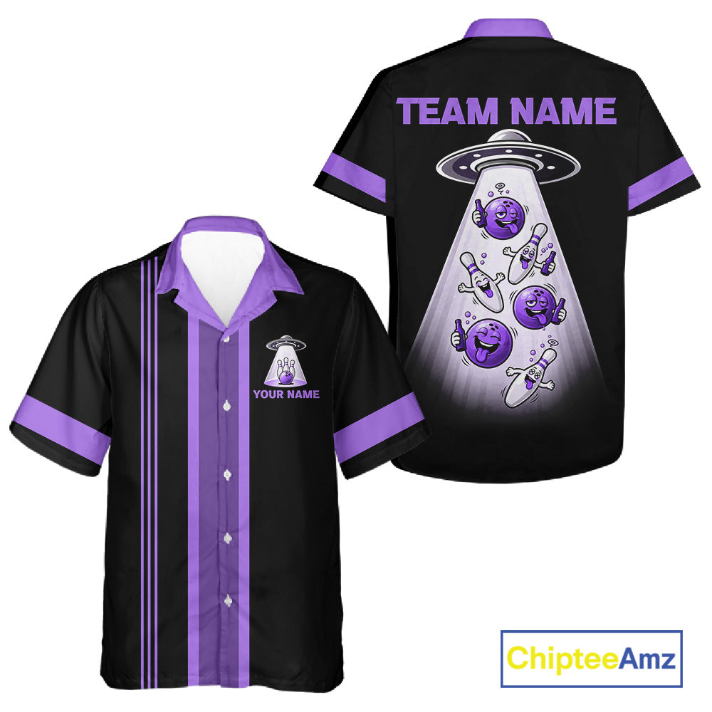 Black And Purple Funny Drunk Alien Retro Bowling Hawaiian Shirt, Custom Bowling Team Button Up Shirt TDM7751