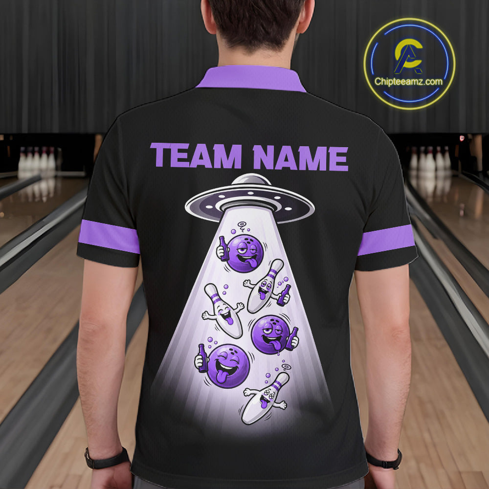 Black And Purple Funny Drunk Alien Bowling Shirts For Men Custom Retro Bowling Team Jersey TDM7751