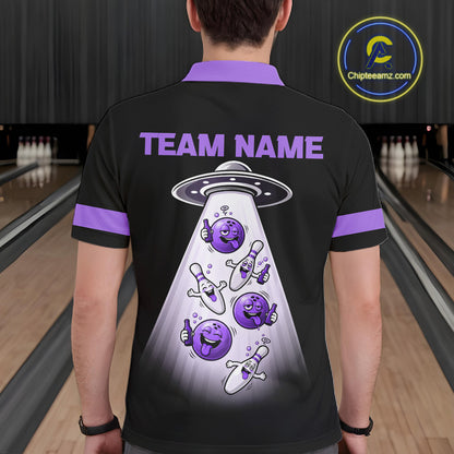 Black And Purple Funny Drunk Alien Bowling Shirts For Men Custom Retro Bowling Team Jersey TDM7751