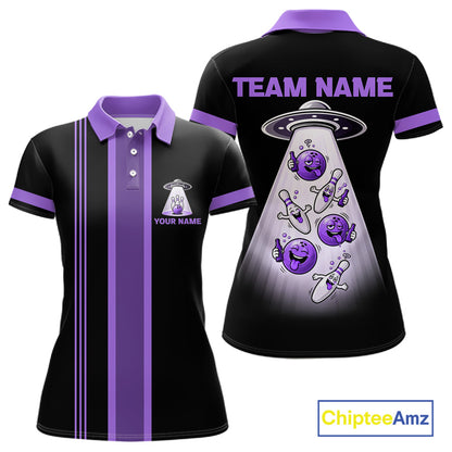 Black And Purple Funny Drunk Alien Bowling Shirts For Women Custom Retro Bowling Team Jersey TDM7751