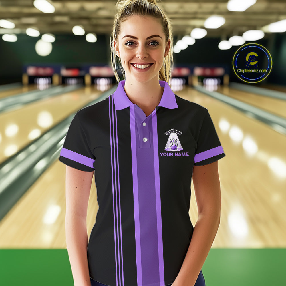 Black And Purple Funny Drunk Alien Bowling Shirts For Women Custom Retro Bowling Team Jersey TDM7751