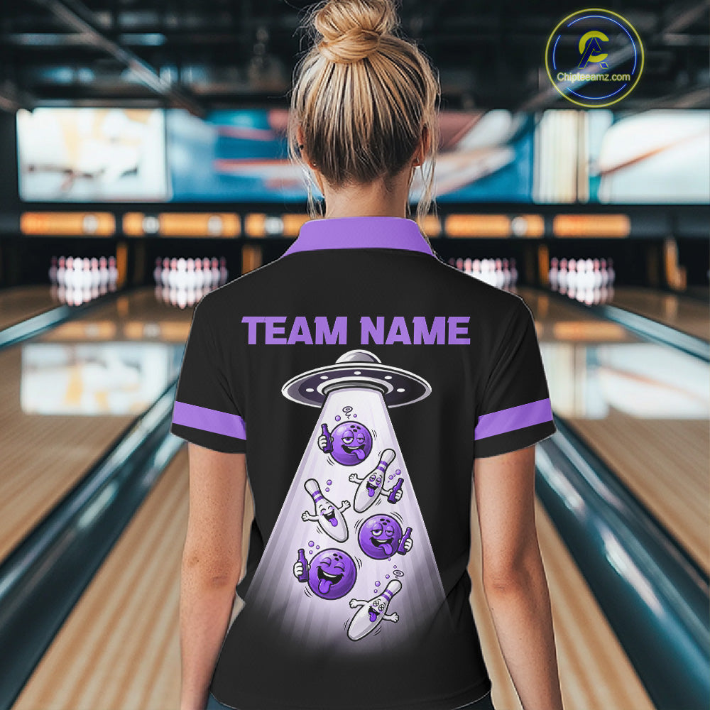 Black And Purple Funny Drunk Alien Bowling Shirts For Women Custom Retro Bowling Team Jersey TDM7751