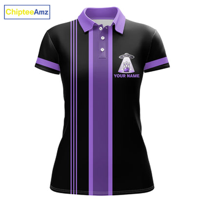 Black And Purple Funny Drunk Alien Bowling Shirts For Women Custom Retro Bowling Team Jersey TDM7751