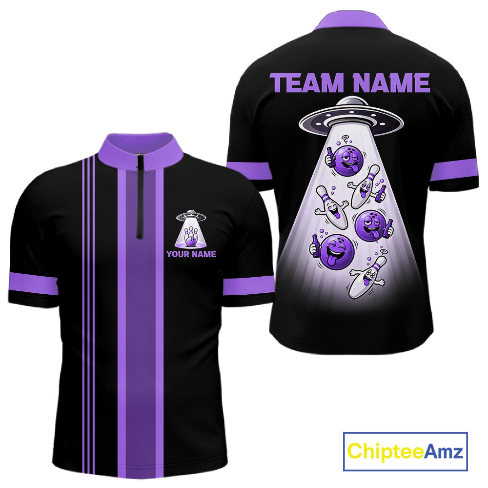 Black And Purple Funny Drunk Alien Bowling Shirts For Men Custom Retro Bowling Team Jersey TDM7751