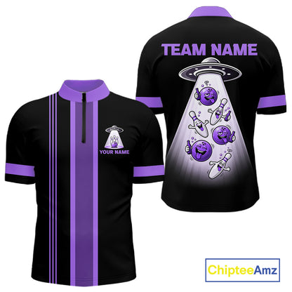 Black And Purple Funny Drunk Alien Bowling Shirts For Men Custom Retro Bowling Team Jersey TDM7751