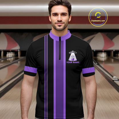 Black And Purple Funny Drunk Alien Bowling Shirts For Men Custom Retro Bowling Team Jersey TDM7751