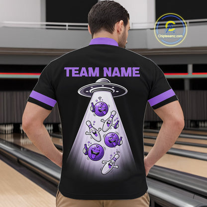 Black And Purple Funny Drunk Alien Bowling Shirts For Men Custom Retro Bowling Team Jersey TDM7751