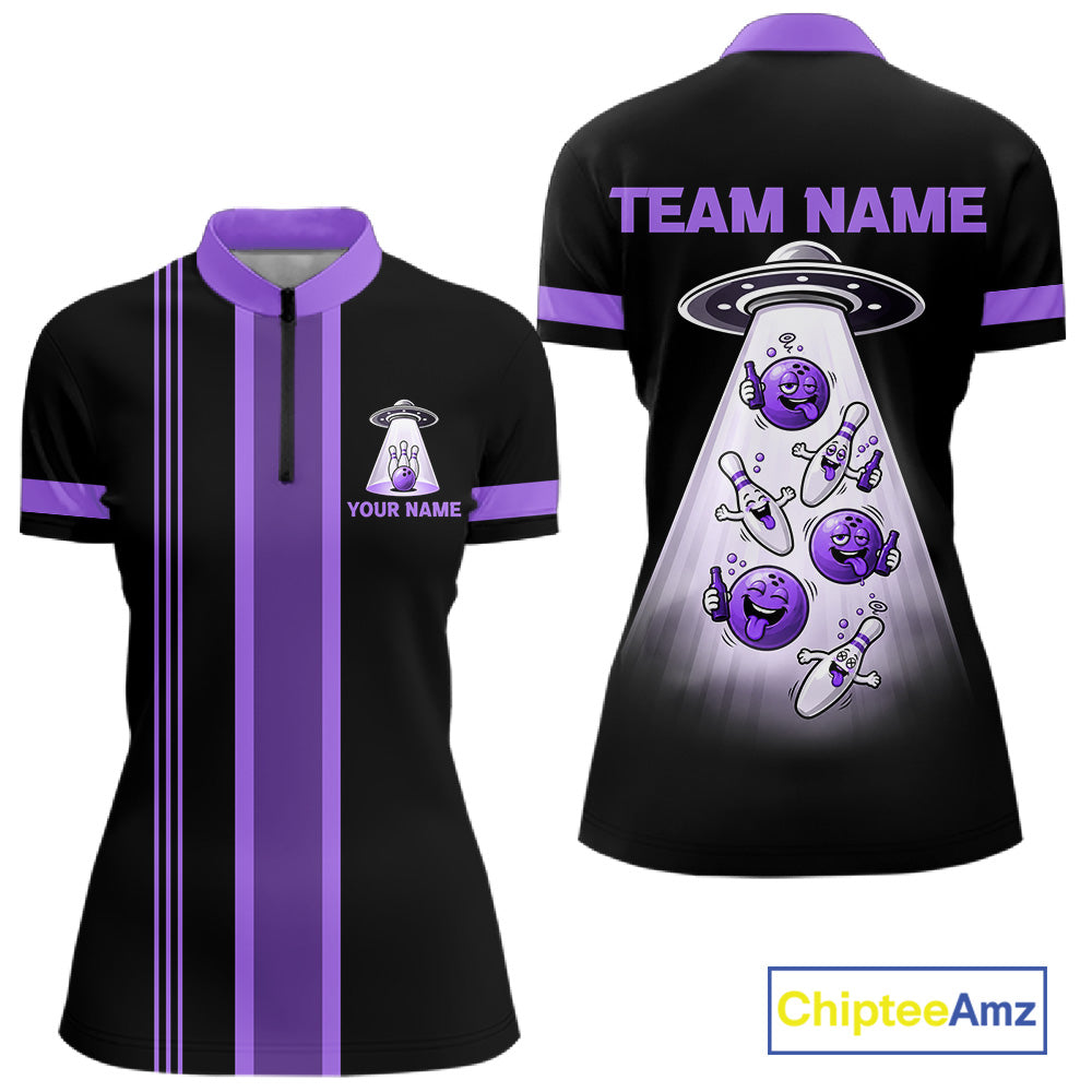 Black And Purple Funny Drunk Alien Bowling Shirts For Women Custom Retro Bowling Team Jersey TDM7751