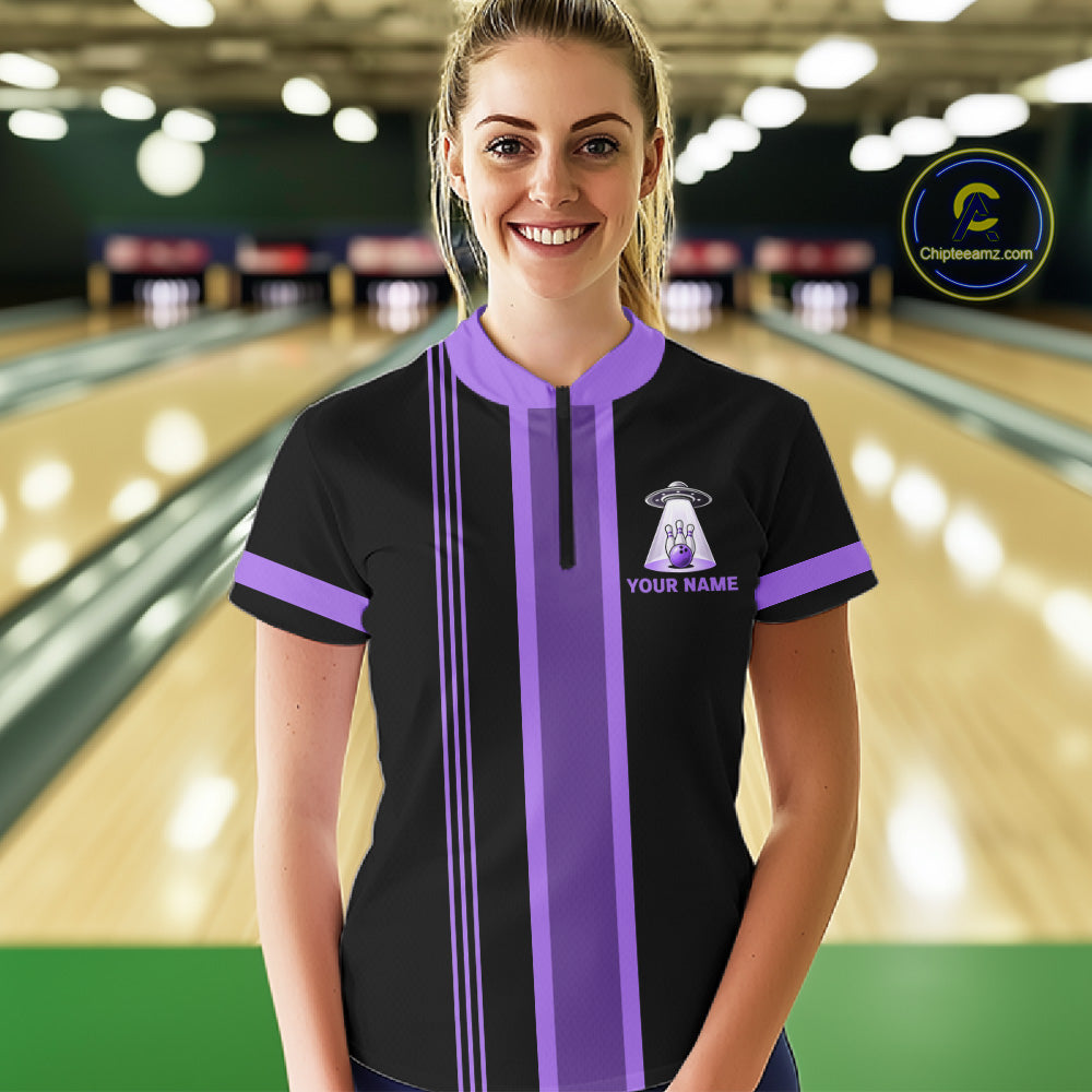Black And Purple Funny Drunk Alien Bowling Shirts For Women Custom Retro Bowling Team Jersey TDM7751