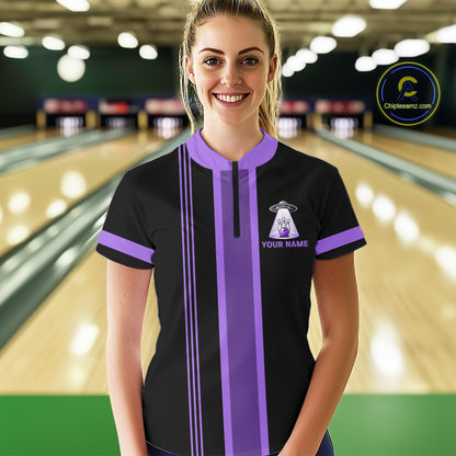 Black And Purple Funny Drunk Alien Bowling Shirts For Women Custom Retro Bowling Team Jersey TDM7751