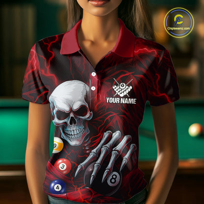 Personalized Red Funny Skeleton Pool Balls Billiard Shirt For Women, Skull Billiard Team Jerseys TDM5343