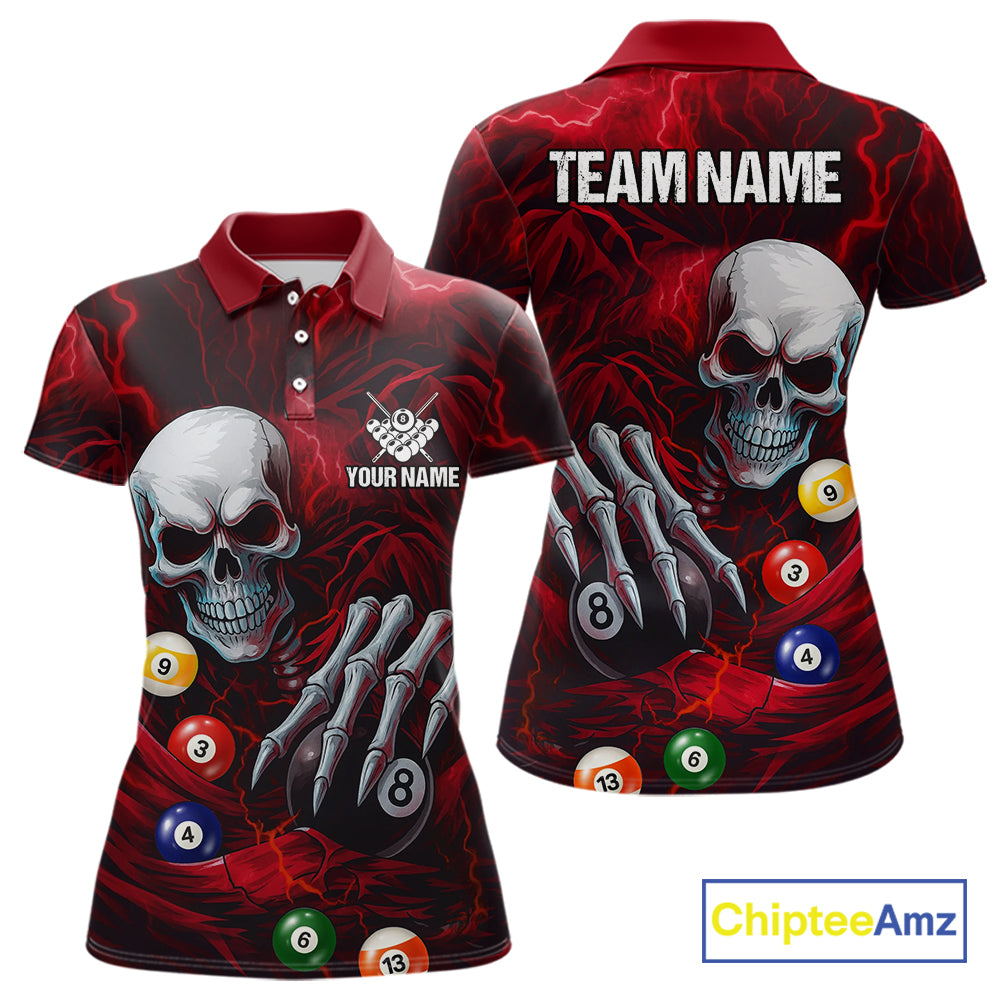 Personalized Red Funny Skeleton Pool Balls Billiard Shirt For Women, Skull Billiard Team Jerseys TDM5343