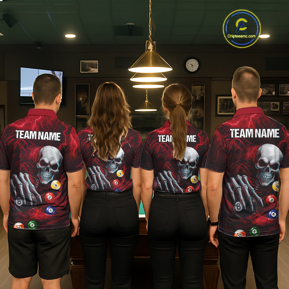 Personalized Red Funny Skeleton Pool Balls Billiard Shirt For Men, Skull Billiard Team Jerseys TDM5343