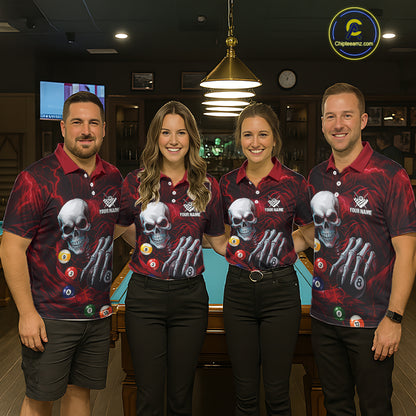 Personalized Red Funny Skeleton Pool Balls Billiard Shirt For Men, Skull Billiard Team Jerseys TDM5343