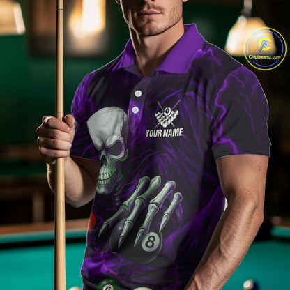 Personalized Purple Funny Skeleton Pool Balls Billiard Shirt For Men, Skull Billiard Team Jerseys TDM5344