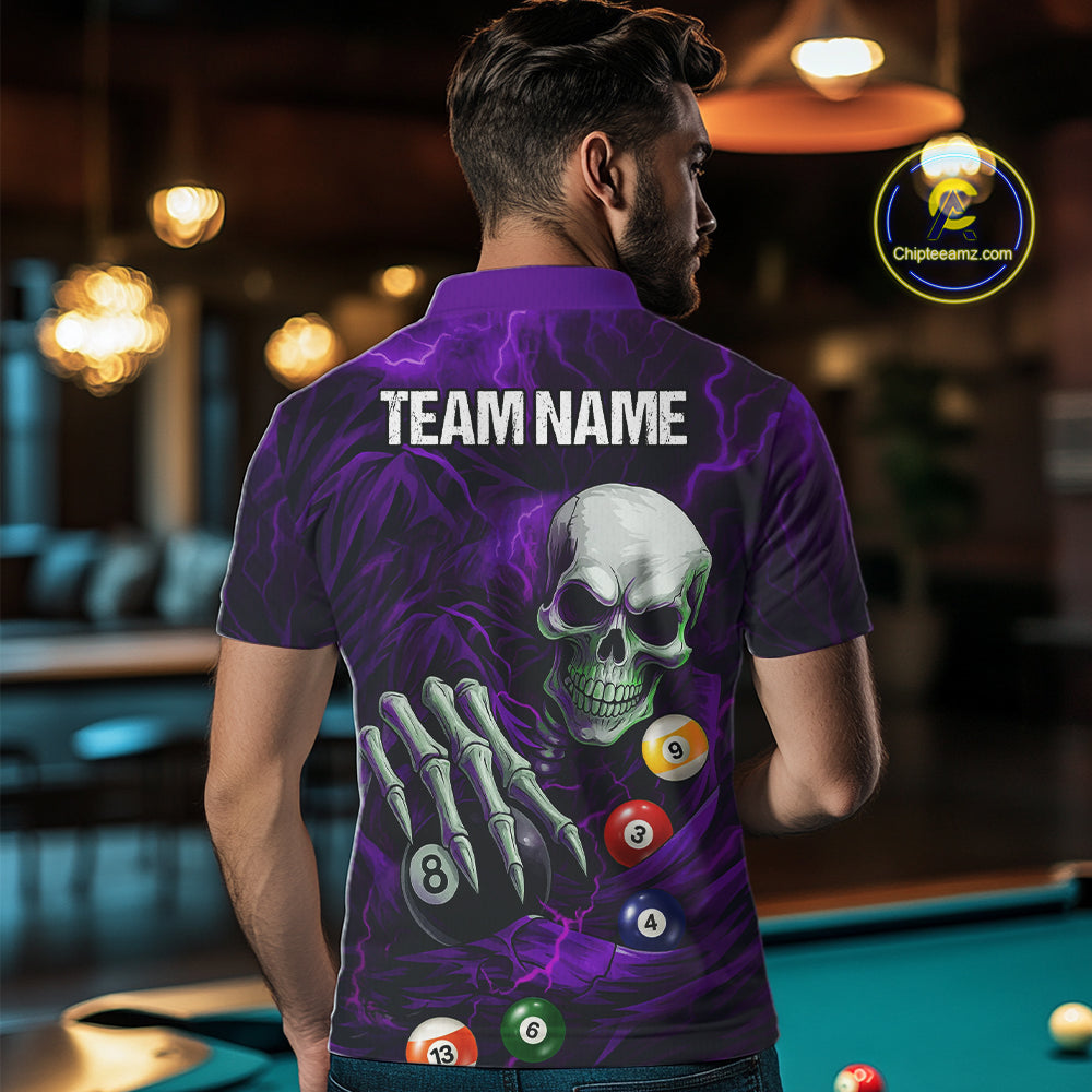 Personalized Purple Funny Skeleton Pool Balls Billiard Shirt For Men, Skull Billiard Team Jerseys TDM5344