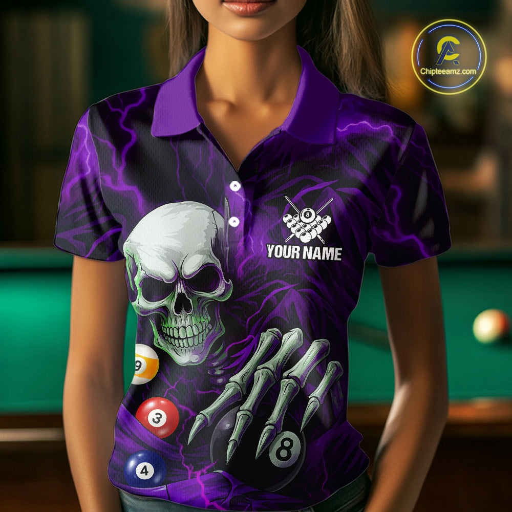 Personalized Purple Funny Skeleton Pool Balls Billiard Shirt For Women, Skull Billiard Team Jerseys TDM5344