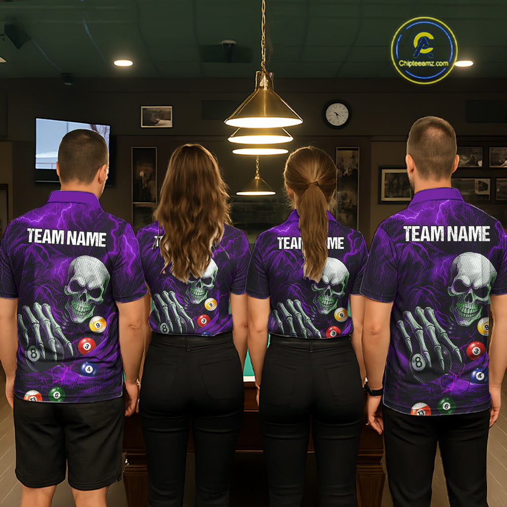 Personalized Purple Funny Skeleton Pool Balls Billiard Shirt For Men, Skull Billiard Team Jerseys TDM5344