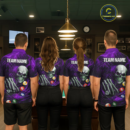 Personalized Purple Funny Skeleton Pool Balls Billiard Shirt For Men, Skull Billiard Team Jerseys TDM5344