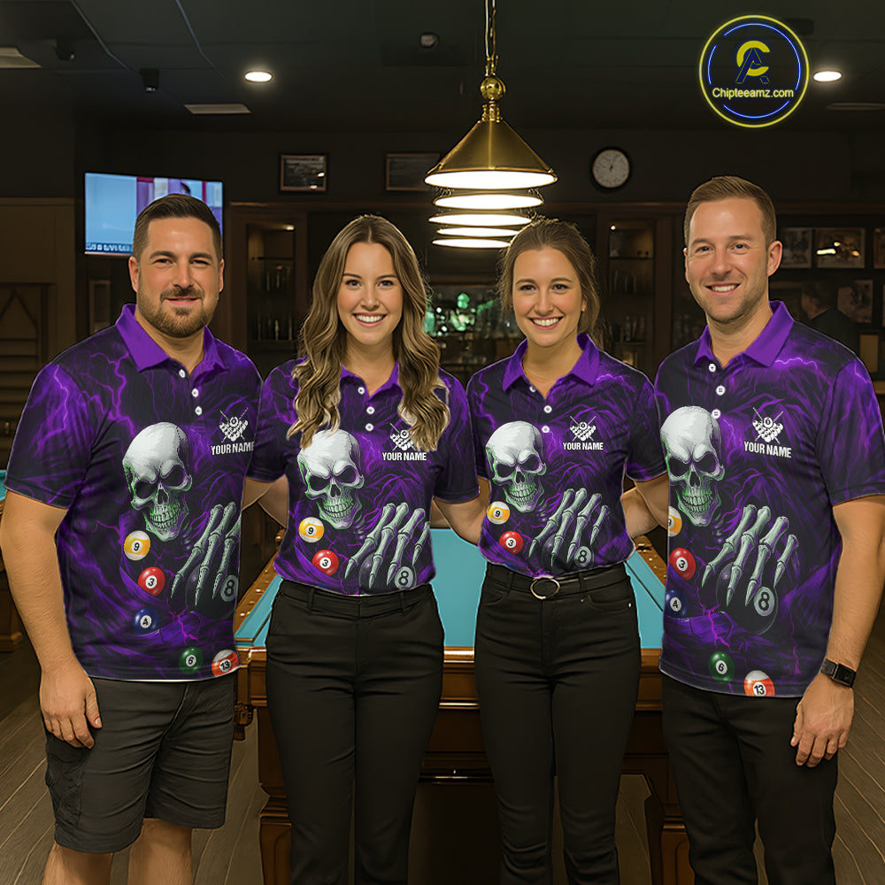 Personalized Purple Funny Skeleton Pool Balls Billiard Shirt For Men, Skull Billiard Team Jerseys TDM5344