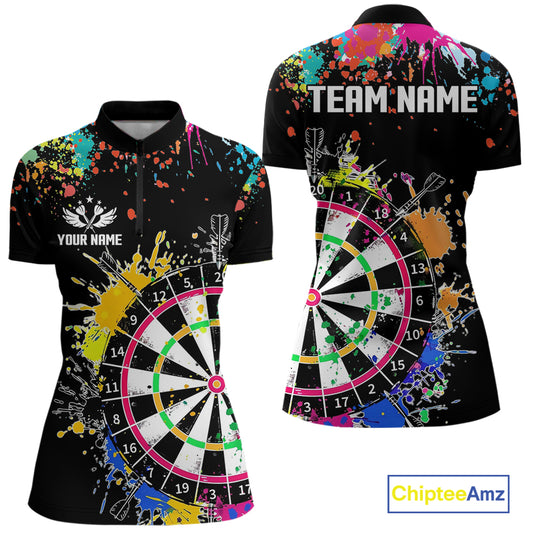 Funny Dartboard Colorful Paint Dart Shirt For Women Custom Darts Team Jersey Polo & 1/4 Zip |Black TDM5624