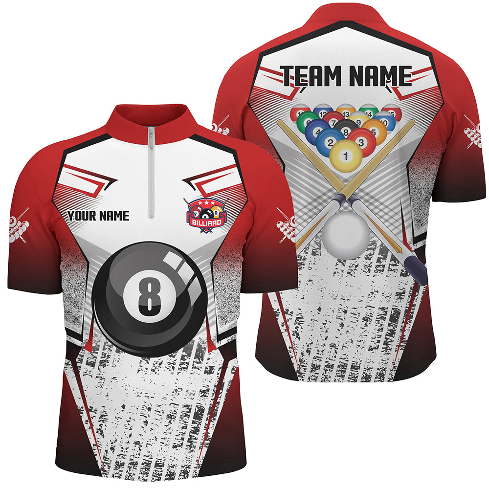 Custom Billiard Balls Red Grunge Style Men Quarter-Zip Shirts, Billiard Jerseys Sport TDM1167